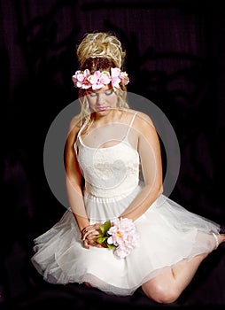 Dreamy Teen Blonde Girl - Party Dress - Sitting