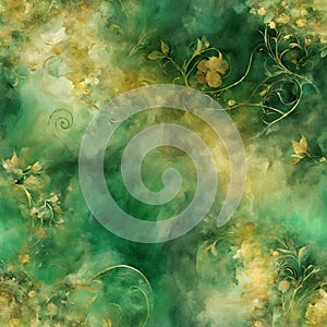 a dreamy tempera art decoupage background. Green and gold background - 1