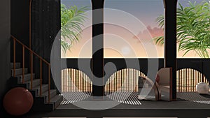 Dreamy terrace, over sea sunset or sunrise with moon and cloudy sky, tropical palm trees, archways in gray stucco plaster,