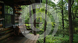 A dreamy treehouse nestled in a secluded forest its porch swing offering the perfect spot to relax and take in the