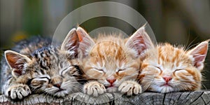 Dreamy Trio: Three Adorable Kittens Snooze Peacefully on a Rustic Wooden Fence. Generative AI