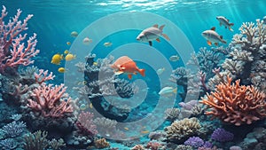 A dreamy, underwater scene in a coral reef, with vibrant, colorful marine life