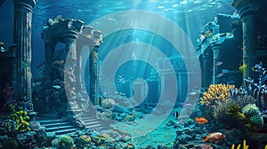 Dreamy underwater scene with sunken ruins and exotic marine life