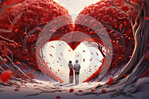 Dreamy valentine. Romantic images of trees and a loving couple on a walk evoke love and dreaminess photo