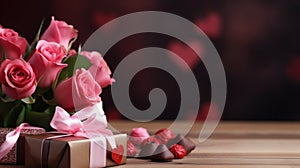 Dreamy Valentine's Day scene with roses, chocolates, and ample copy space