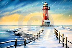 Dreamy view of a lighthouse with pier in a frosty, icy winter landscape. Watercolour illustration