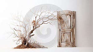 Dreamy Vignettes: A Conceptual Art Piece Of A Rotting Tree And Branch In Front Of A Door