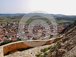 Dreamy village Penas de San Pedro and open landscape of Castile La Mancha seen from castle. Albacete, Spain.