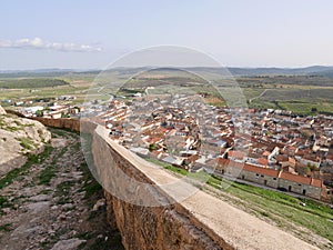 Dreamy village Penas de San Pedro and open landscape of Castile La Mancha seen from castle. Albacete, Spain.