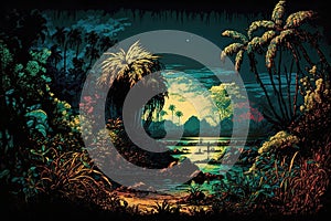 Dreamy vintage dark tropical nature sunset palm jungle rainforest magic background illustration Generative AI