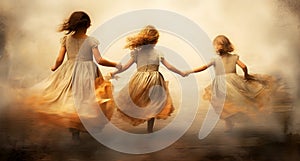 Dreamy, vintage watercolor of 3 girls running: freedom and innocence