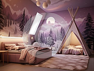 Dreamy violet girl bedroom with beautiful decoration. Generative AI