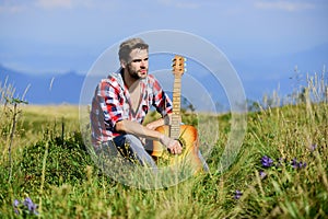 Dreamy wanderer. Wanderlust concept. Summer vacation highlands nature. Pleasant time alone. Peaceful mood. Guy with photo