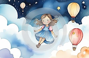 A dreamy water color illustration for a storybook of a little girl floating in the sky with clouds, hot air balloons