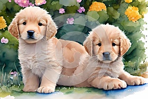 Dreamy Watercolor Golden Retriever Puppy Duos