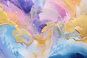 Dreamy watercolor and marble abstract pattern in purple, blue, and yellow hues, Generative AI