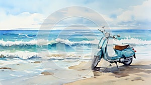 Dreamy Watercolor Portrait Of A Moped In The Ocean