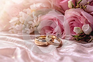 Dreamy wedding scene featuring gold rings, Eustoma roses, and light pink feathers.