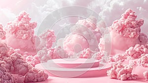 Dreamy white cloud podium stand for 3d product display in studio with abstract sky background.