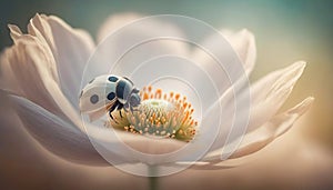 Dreamy white spring anemone flower bloom, grass, ladybug, butterfly close-up against sunlight panorama