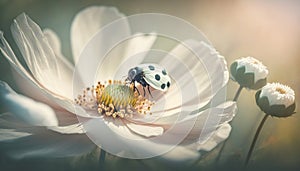 Dreamy white spring anemone flower bloom, grass, ladybug, butterfly close-up against sunlight panorama