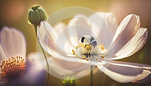 Dreamy white spring anemone flower bloom, grass, ladybug, butterfly close-up against sunlight panorama