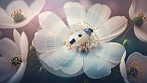 Dreamy white spring anemone flower bloom, grass, ladybug, butterfly close-up against sunlight panorama