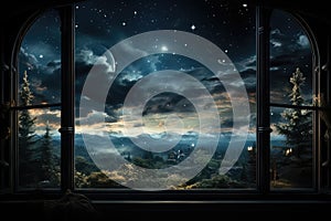 Dreamy window with wonderfull view, starry night, anniversary tematic