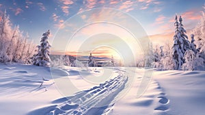Dreamy Winter Landscape With Ski Trail And Sun Reflections