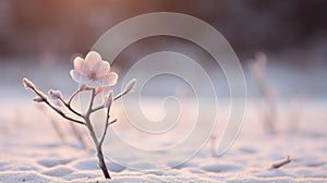 Dreamy Winter Scene: Pink Flower In Snowfield With Soft Atmosphere