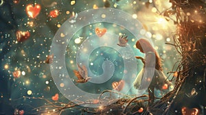 A dreamy world of fantasy filled with floating hearts glittering stars and fairytale creatures evoking the purest forms