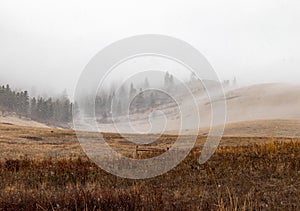 Dreary, foggy, empty, and barren winter landscape at the National Bison Range wildlife refuge, Montana, USA