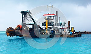 Dredger Heavy Excavator on Water in the Sea Deep Sea Dredge