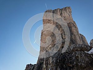 The Drei Zinnen seen from the side and looking at the small Zinne in the Dolomites. Tre cime di lavaredo in the Italia Alps in