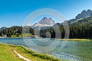 Drei Zinnen Tre cime di lavaredo mountains and the Misurina Lake. Dolomite mountains, Italy summer season