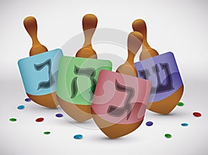 Dreidel Game with Colorful Confetti, Vector Illustration