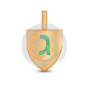 A dreidel with green letter gimel is a four-sided wooden spinning top realistic 3d vector object isolated on white background. The