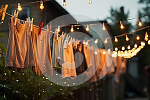 Drenched Clothes Hanging on the Line on a Rainy Day. AI