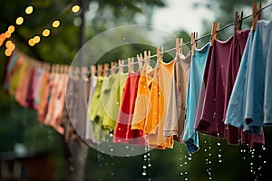 Drenched Clothes Hanging on the Line on a Rainy Day. AI