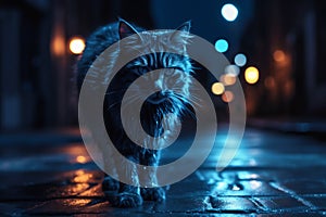 Drenched feline on a rainy night. Generative AI image.