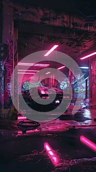 Drenched in neon, a classic car is framed by graffiti and the decaying urban environment of a city underbelly