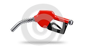 3 drendering of red gasoline pump nozzle isolated on white background, power and energy concept