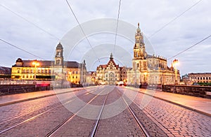 Dresden Augustusbrucke and Neustadt after sunset