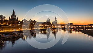 Dresden city skyline at Elbe river and Augustus Bridge at sunset , Dresden, Saxony, Germany. Panoramic evening view of Dresden