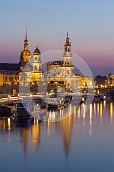 Dresden evening skyline-vertical view-Bruehl Terrace, Hofkirche Church, Royal Palace