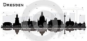 Dresden Germany City Skyline Silhouette with Black Buildings and Reflections Isolated on White