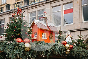 Dresden, Germany, December 19, 2016: Celebrating Christmas in Europe. Traditional decorations of roofs of shops on the