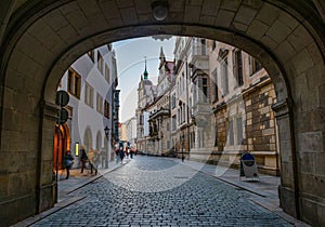 Dresden, Germany. Evening view from the street old town to the Dresden kirche, Dresden, Germany