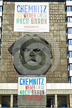 Chemnitz, Germany - october 11, 2018: sightseeings of Germany. Historical buildings and streets of Chemnitz. Karl Marx Monument  i