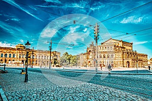 DRESDEN, GERMANY-SEPTEMBER 08, 2015 : Theatre Square Theaterplatz in the historic center of Dresden,to the right-Katholische